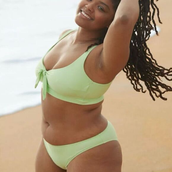 Aerie Tie Banded Wide Strap Scoop Bikini Top Green Women Small New With Tag - Picture 7 of 8